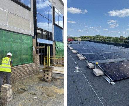 Hopescourt week 36 2 photos left showing people installing windows and right showing solar panels