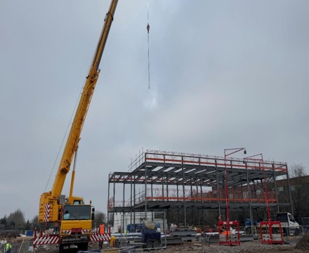 Hopescourt School view across the site to the stell construction with crane