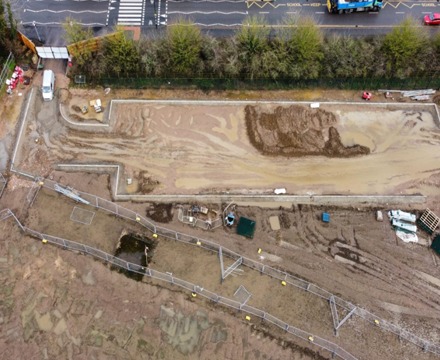Week 20 aerial view of car park before tarmac laid